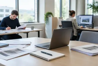Journalistische Recherche und institutionelle Wissenschaftskommunikation an getrennten Arbeitsplätzen in einem modernen Wissenschaftsgebäude.